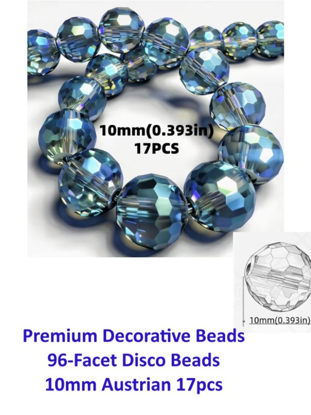 Premium Decorative Beads 96-Facet Disco Beads 10mm Austrian 17pcs